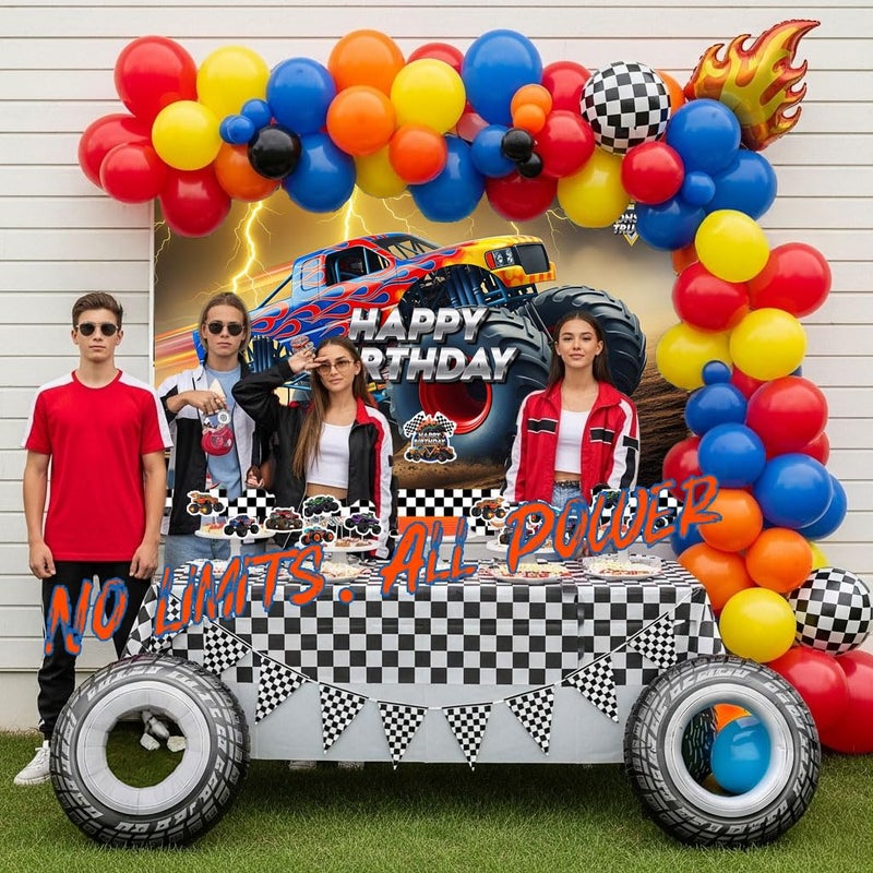 kozee Monster Truck Birthday Decorations include Red Blue Yellow Balloons Ribbon Arch Cake Paper Card Toppers Tablecloth Backdrop Truck Birthday Decor for Boys Racing Party Decoration Supplies - Image 2