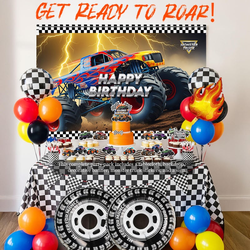 kozee Monster Truck Birthday Decorations include Red Blue Yellow Balloons Ribbon Arch Cake Paper Card Toppers Tablecloth Backdrop Truck Birthday Decor for Boys Racing Party Decoration Supplies - Image 4