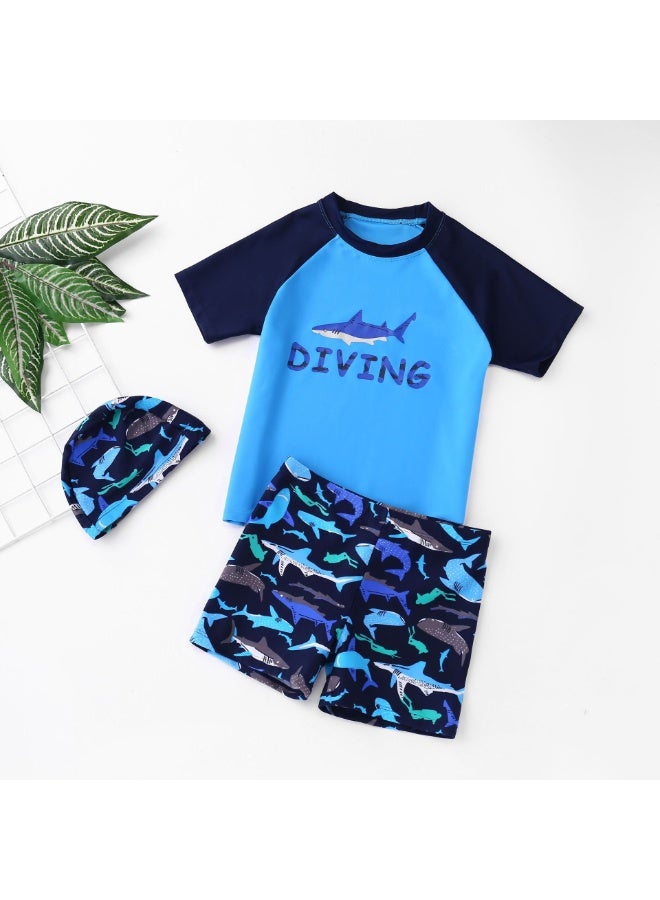 Generic 3 Piece Kids Swimsuit with Cap Set for Boys, Shark Print Swimwear Children Swimming Trunks Short Sleeves Clothing Beachwear Bathing Suit for Summer, Blue, 100-110cm  - Image 1