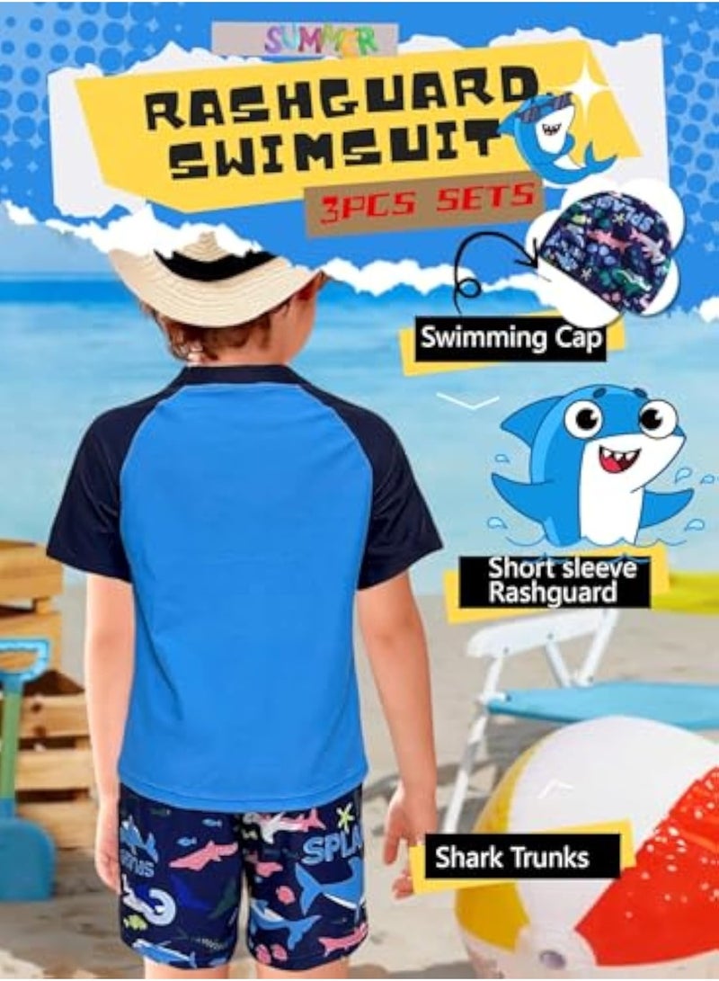 Generic 3 Piece Kids Swimsuit with Cap Set for Boys, Shark Print Swimwear Children Swimming Trunks Short Sleeves Clothing Beachwear Bathing Suit for Summer, Blue, 100-110cm  - Image 4