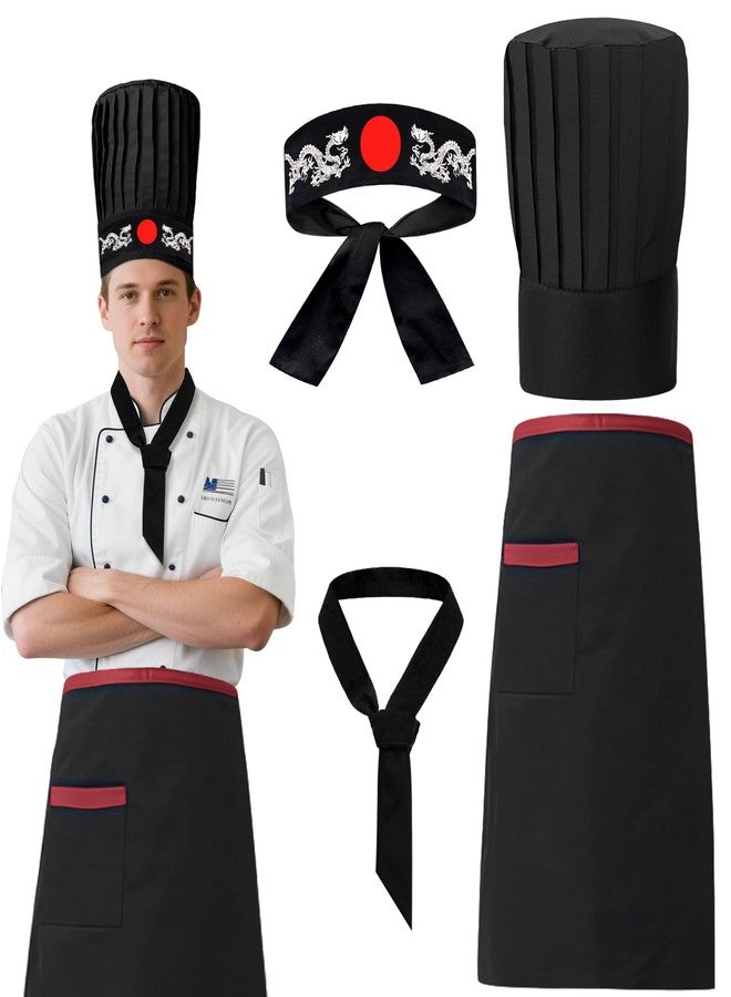 KaTiSeMo Hibachi Chef Costume Set 4-Piece - Hibachi Chef Hat and Apron, Japanese Headband and Tie Hibachi Chef Outfit for Hibachi Party Decorations, Halloween Party Decorations and - Image 1