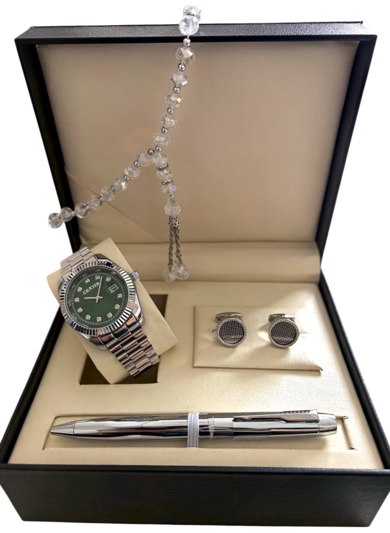 Crater A luxurious men's set consisting of a regal stainless steel watch, a classic dial with date display, water resistance, prayer beads, a pen, and cufflinks. - Image 1