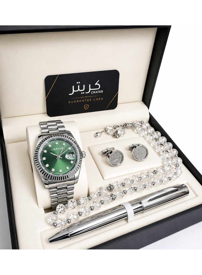 Crater A luxurious men's set consisting of a regal stainless steel watch, a classic dial with date display, water resistance, prayer beads, a pen, and cufflinks. - Image 1