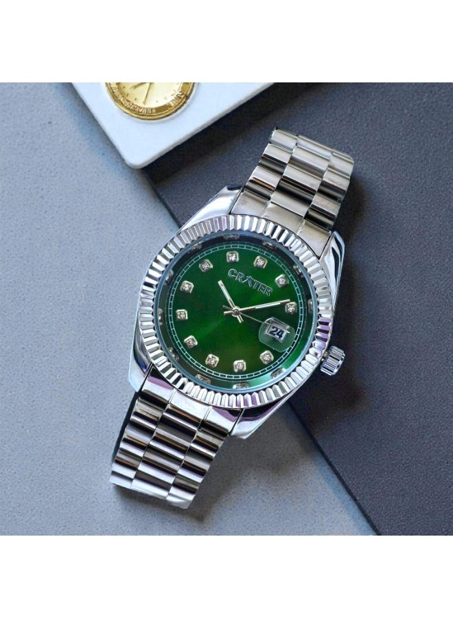 Crater A luxurious men's set consisting of a regal stainless steel watch, a classic dial with date display, water resistance, prayer beads, a pen, and cufflinks. - Image 3