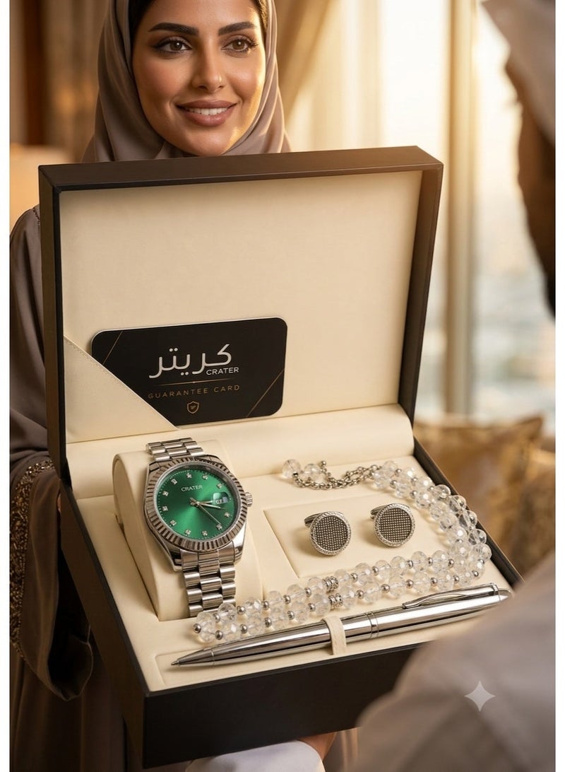 Crater A luxurious men's set consisting of a regal stainless steel watch, a classic dial with date display, water resistance, prayer beads, a pen, and cufflinks. - Image 2