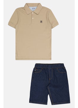 Chaps Kids Boy 2 Pcs Embroidered Logo Polo Shirt And Short Set, Tan/Navy  - Image 1