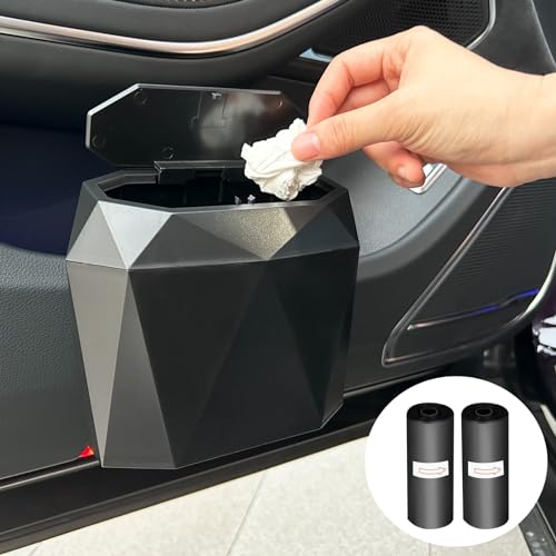 Wontolf Mini Car Trash Can Bin with Lid, Small Car Garbage Can with 60pcs Trash Bags, ABS Diamond Design Dustbin Car Organizer Container Car Accessories for Car/Office/Home Black - Image 2