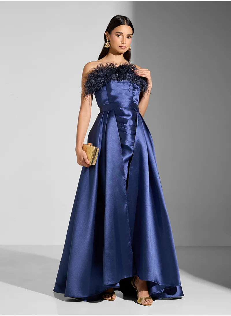 Namshi x Feather Trim Bandeaux Dress With Detachble Waist Skirt