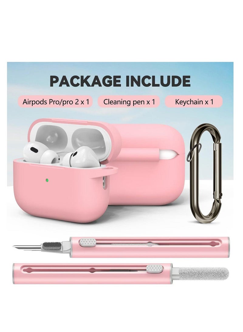 Drop and Fingerprint Resistant Soft Silicone Case for AirPods Pro 2/Pro with Cleaning Kit and Keychain (Pink)  - Image 3