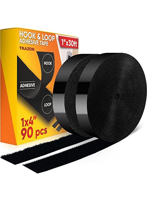 Trazon Hook and Loop Tape Roll with Heavy Duty Adhesive Industrial Strength Easy to Cut Strong Hook and Loop Strips with Sticky Back Black 1 Inch x 30 Feet 