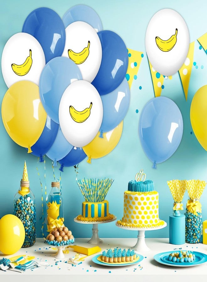 FYSUIMU مجموعة بالونات لاتكس زرقاء وصفراء من FYSUIMU، 60 قطعة، مقاس 12 بوصة، بتصميم كرتوني، مزينة برسومات موز لطيفة، مثالية لتزيين حفلات أعياد الميلاد الصيفية وحفلات استقبال المولود. - Image 4
