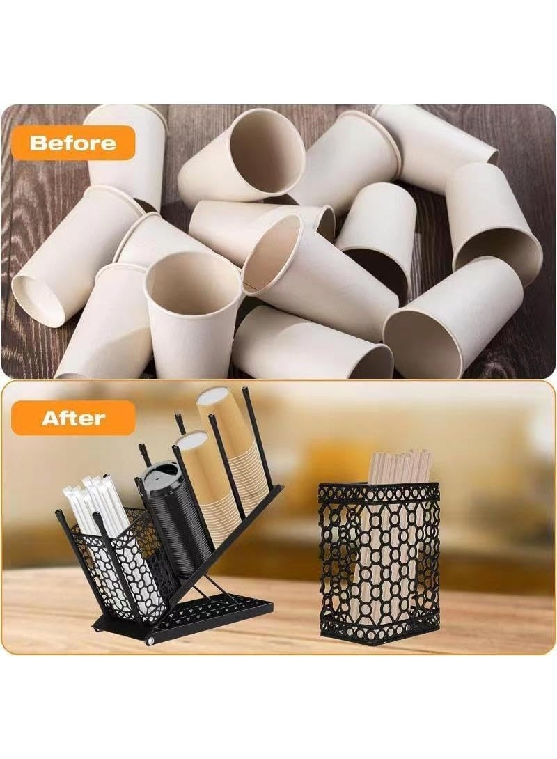CENXI Cup and Lid Holder - Adjustable Coffee Cup Holder Organizer 4 Compartment Disposable Cup Dispenser with Coffee Pod Straw Storage Basket for Coffee Station Bar Countertop Breakroom Metal Black - Image 2