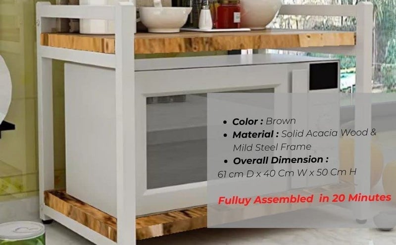 AVVIC MART Retractable Microwave Stand Countertop Extendable Microwave Oven Rack Mild Steel and Solid Acacia Wood Microwave Shelf Countertop Contains 2Tier White - Image 5