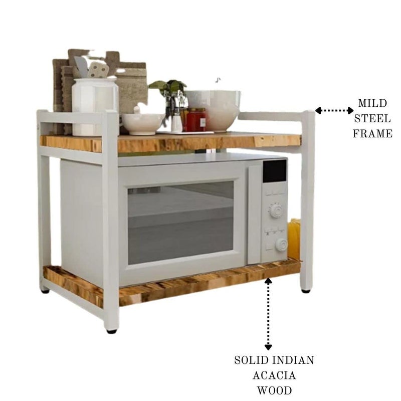 AVVIC MART Retractable Microwave Stand Countertop Extendable Microwave Oven Rack Mild Steel and Solid Acacia Wood Microwave Shelf Countertop Contains 2Tier White - Image 4