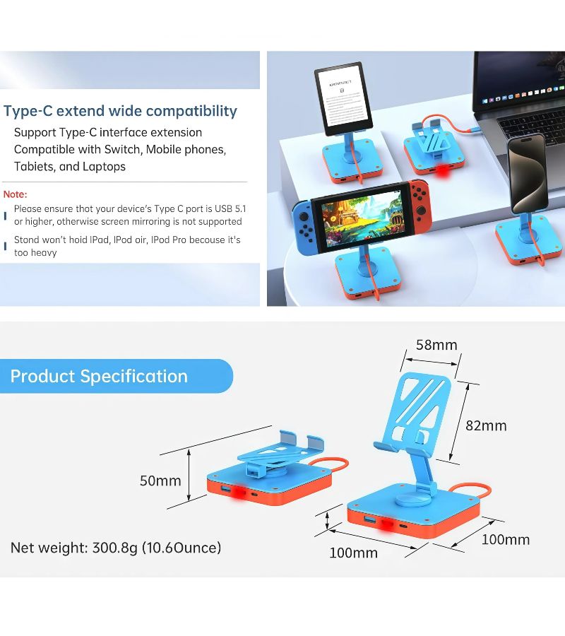 Red Blue USB C Stand Docking Station Foldable 4K HDTV 100W USB 2.0 iPad Pro Air iPhone - Image 4