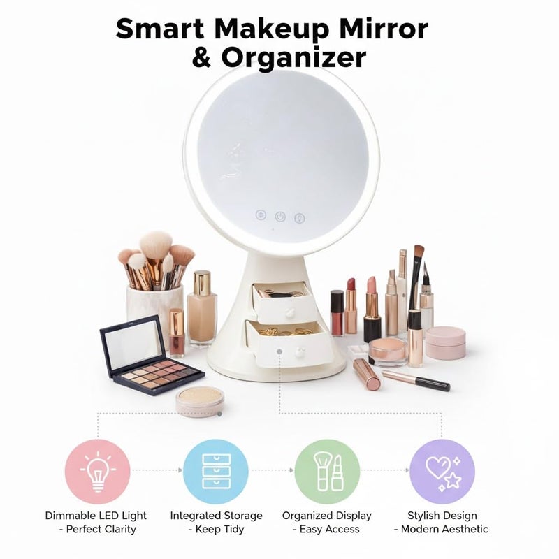 Lighted Vanity Makeup Mirror With Storage Drawers, Touch Sensor Control, Dimmable LED, 3 Color Lighting Modes for Dressing Table, Desktop Beauty Mirror for Women & Girls, 1.48W (X-611) - Image 1