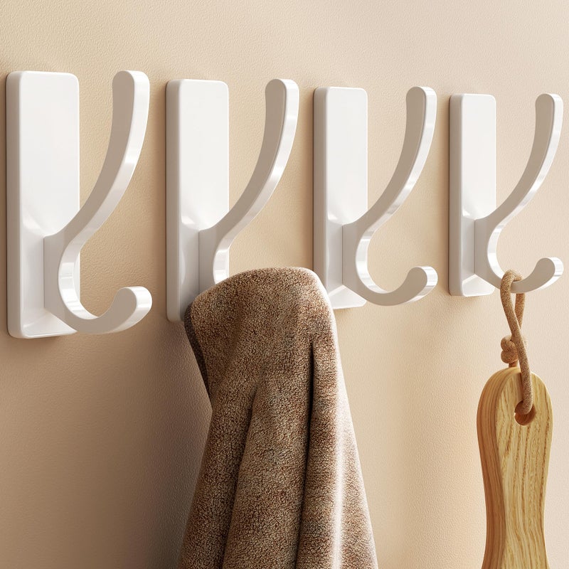 pickpiff Adhesive Wall Hooks for Towels - Sticky Hook Hanging Heavy Duty (13lb), Hanger for Door, Bathroom, Dorm, Closet - for Coats, Purse, Bag, Robe - No Damage to Wall - White 4 Pack - Image 1