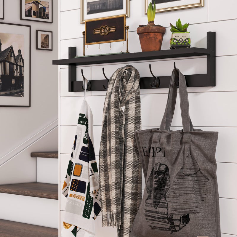BAMEOS Wall-Mounted Shelf with Hooks - 28.9 Inch Entryway Hanging Shelf with 5 Dual Hooks for Bathroom, Living Room, Bedroom (Black) - Image 3