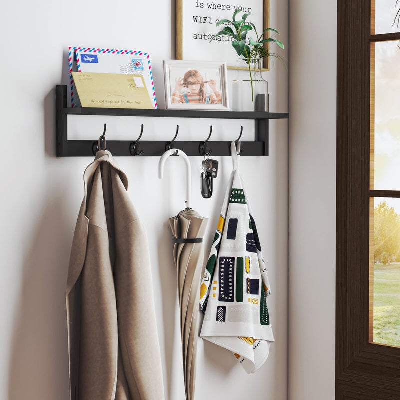 BAMEOS Wall-Mounted Shelf with Hooks - 28.9 Inch Entryway Hanging Shelf with 5 Dual Hooks for Bathroom, Living Room, Bedroom (Black) - Image 2