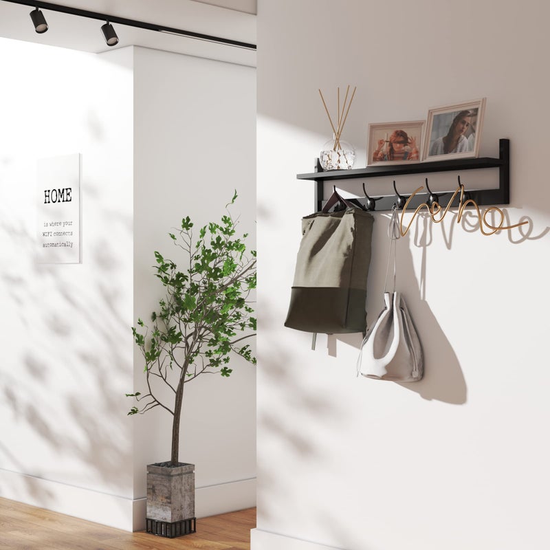BAMEOS Wall-Mounted Shelf with Hooks - 28.9 Inch Entryway Hanging Shelf with 5 Dual Hooks for Bathroom, Living Room, Bedroom (Black) - Image 4