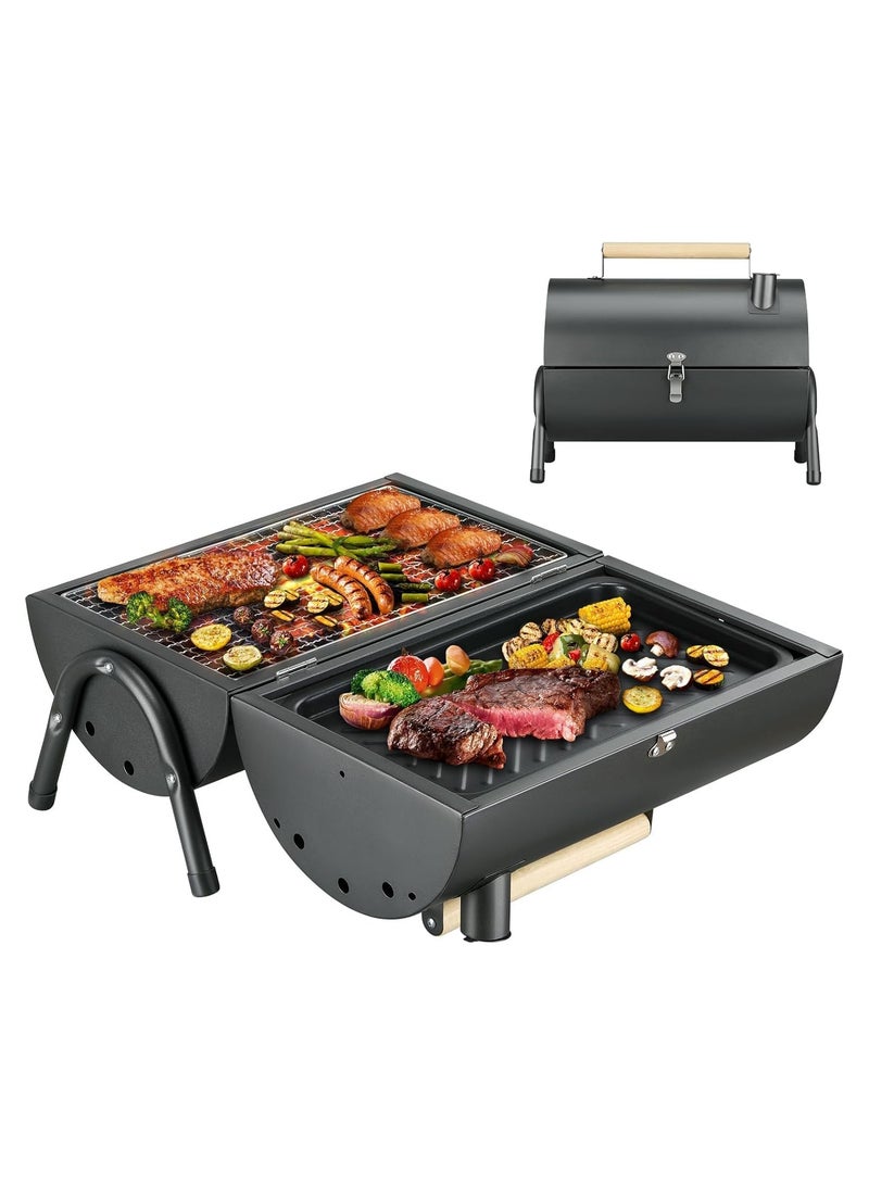 Soofam 2-in-1 Portable Barbecue Grill, Home Charcoal Smokeless Grills, Frying Pan Griddle & Grill, Small Foldable BBQ Grill for Outdoor Indoor Cooking Camp Picnic Hiking Beach Party - Image 1