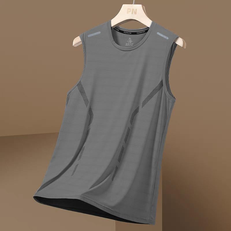 سترة صيفية سريعة الجفاف من حرير الثلج للرجال بأكمام مقطوعة قميص بلا أكمام شبكي بحجم زائد للرجال فضفاض رياضي بتصميم أكمام متقاطعة رمادي نقي [نمط عمود السترة]