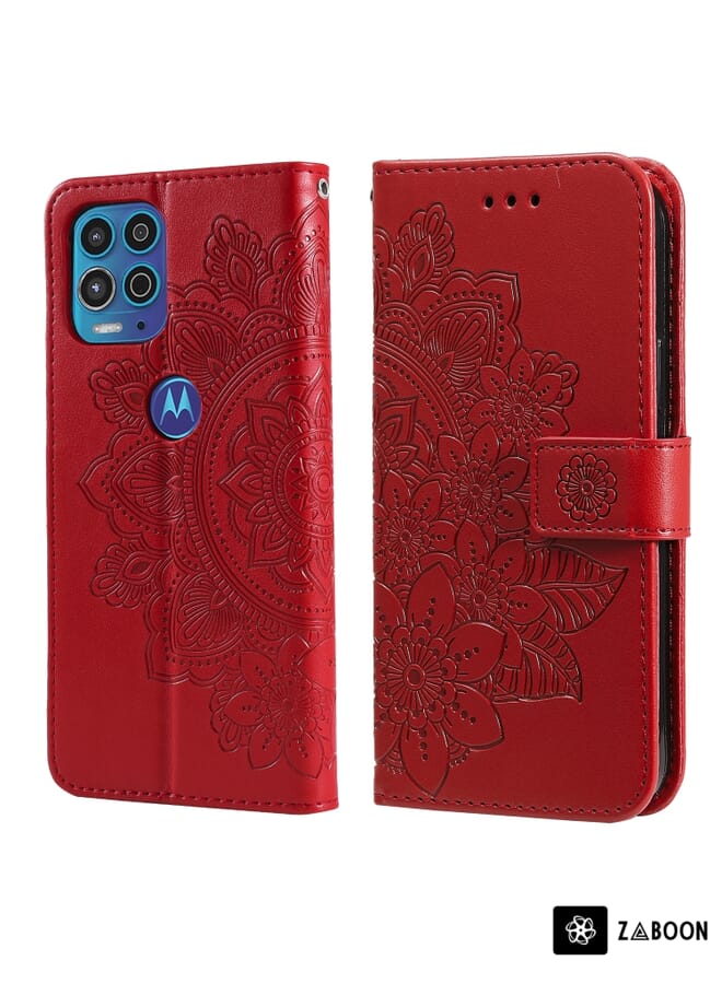 زبون غطاء حماية لهاتف موتورولا موتو G100 / إيدج إس، بنقشة زهور من سبع بتلات، غطاء قلاب أفقي من الجلد الصناعي مع حامل وفتحات للبطاقات ومحفظة وإطار للصور. - Image 1