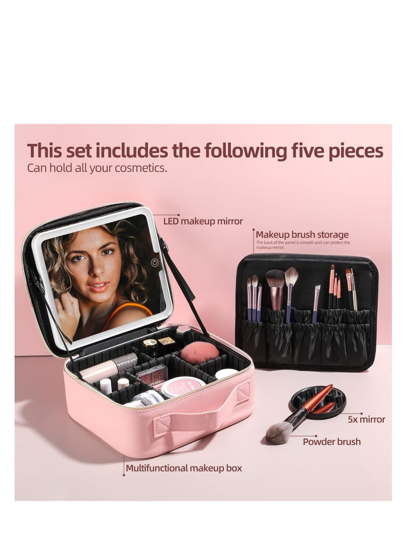 إم إي سي حقيبة مكياج BS-MALL مزودة بإضاءة LED وحامل فرشاة مكياج مع مرآة LED وحقيبة تنظيم أدوات المكياج وحقيبة فرش المكياج باللون الوردي والأسود والسفر