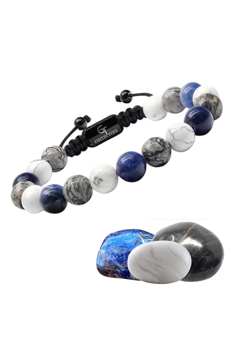 Lunnora Sodalite, Howlite, and Jasper Beads Handmade Natural Stone Bead Bracelet – Bracelet for Men, Men’s Bracelet, Gifts for Men, Bracelets for Men – Adjustable One Size Fits All