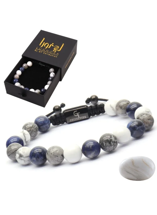 لونورا خرز السوداليت والهوليت وحجر اليشب سوار خرز من الحجر الطبيعي مصنوع يدويًا – سوار للرجال، سوار رجالي، هدية للرجال، أساور للرجال – قابل للتعديل بمقاس واحد للجميع