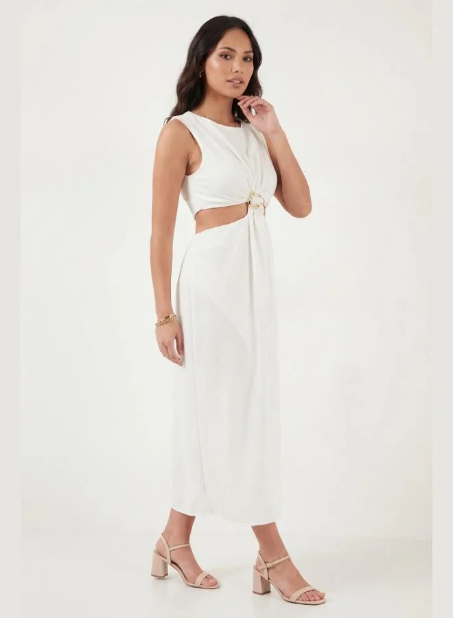 Lela Lela A-Line Bicycle Collar Slit Midi Dress with Accessory Details Women's Dress 6525743