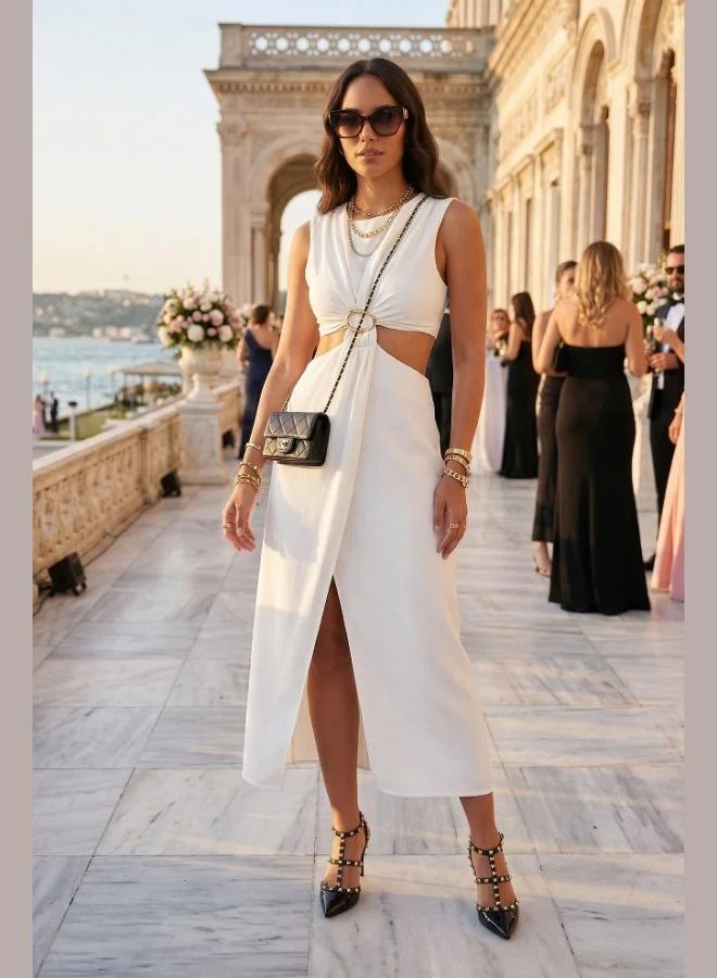 Lela Lela A-Line Bicycle Collar Slit Midi Dress with Accessory Details Women's Dress 6525743