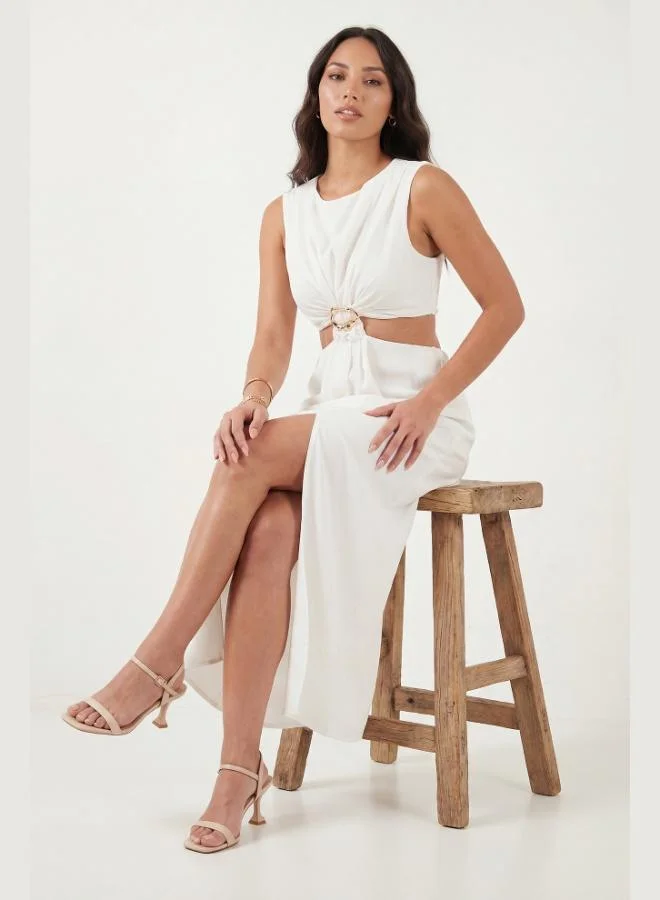 Lela  Lela A-Line Bicycle Collar Slit Midi Dress with Accessory Details Women's Dress 6525743 for Women | Best Price UAE