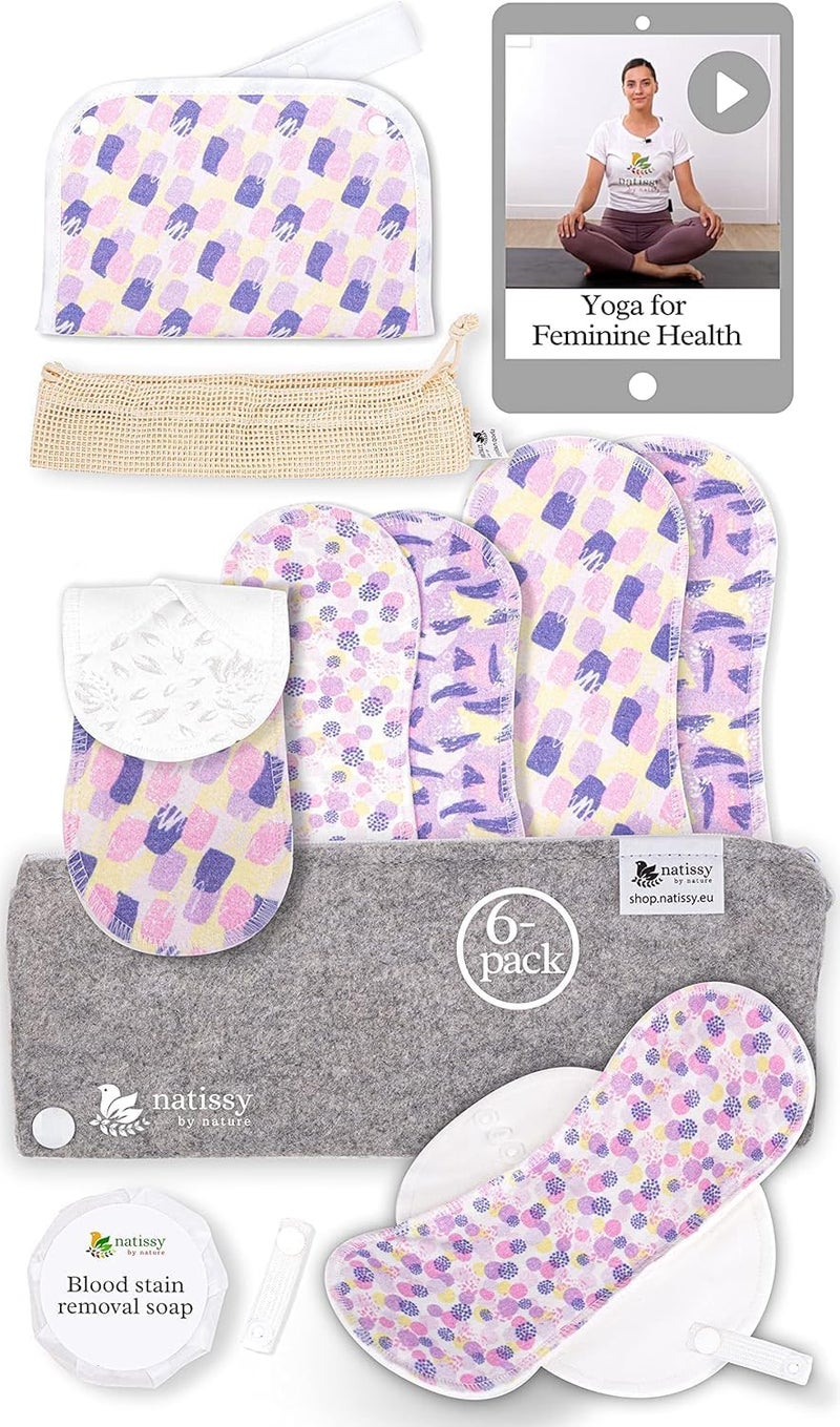 Non-Slip Organic Reusable Period Pads for Light Flow (S+M, 6-Pack); High-Temp Washable Cotton Cloth Pads for Women & Teens; Non-Irritating, Soft Reusable Pads Menstrual for Comfortable Period Care