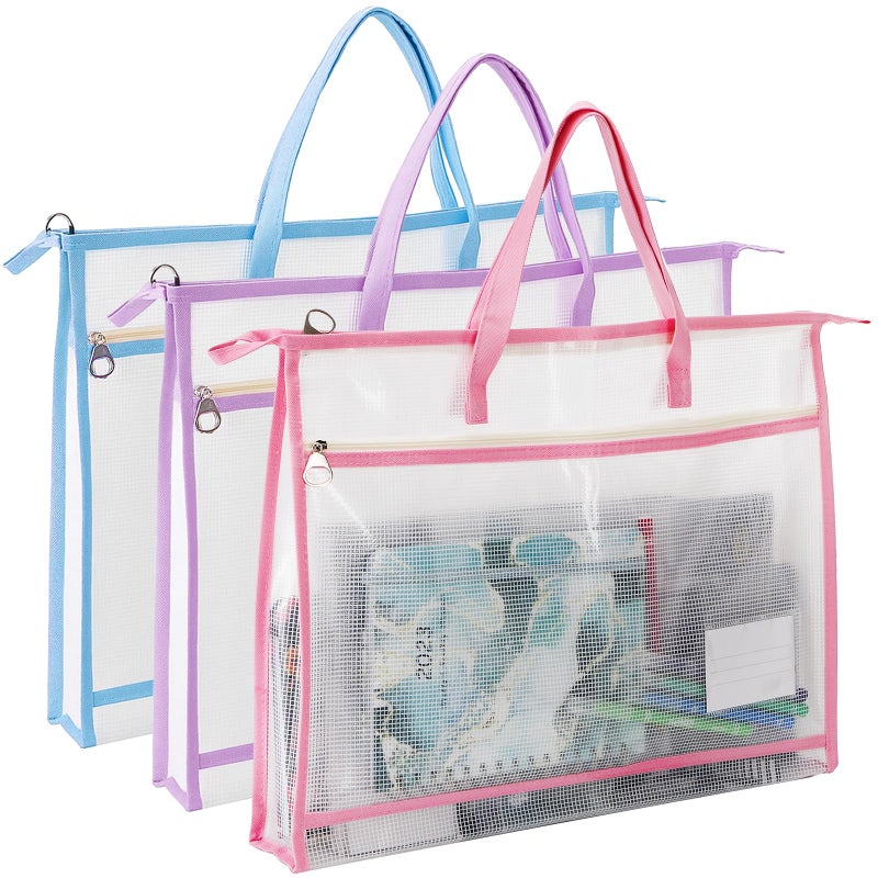 Hedume 3 Pcs A3 Project Bags Clear Mesh Sewing Bag with Zipper Handle Pockets Clear Mesh Design Art Supply Bag Artwork Storage Organize for Artworks Charts and Teaching Material Multipurpose - Image 2