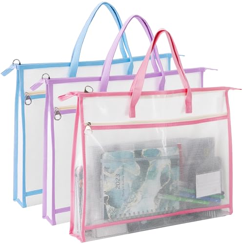 Hedume 3 Pcs A3 Project Bags Clear Mesh Sewing Bag with Zipper Handle Pockets Clear Mesh Design Art Supply Bag Artwork Storage Organize for Artworks Charts and Teaching Material Multipurpose - Image 1