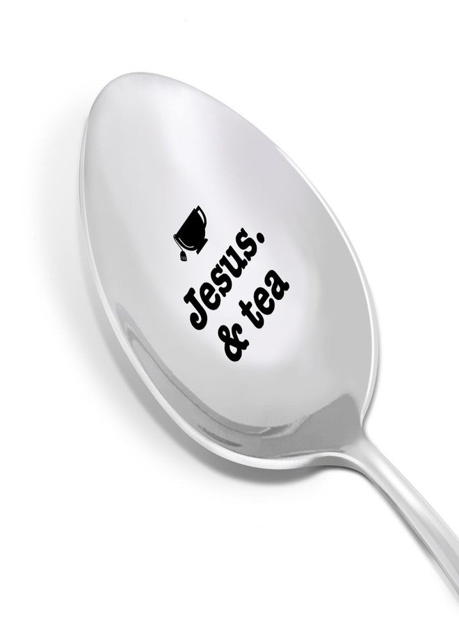 HSNBT Christian Tea Drinker Lovers Spoon Gift for Women Men, Religious Birthday Christmas Gift for Tea Drinker Lovers Friends Coworker, Jesus and Tea, Engraved Tea Spoons Stainless Steel - Image 1