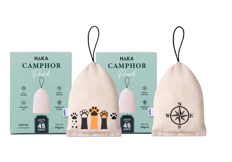 Haka Camphor Pouch –100% Pure Camphor | Multipurpose Natural Chemical Free Air Freshener for Car, Wardrobe, Bathroom & Room | Eco-Friendly Aroma Bag (Pack of 2) (Compass & Paw) - Image 1