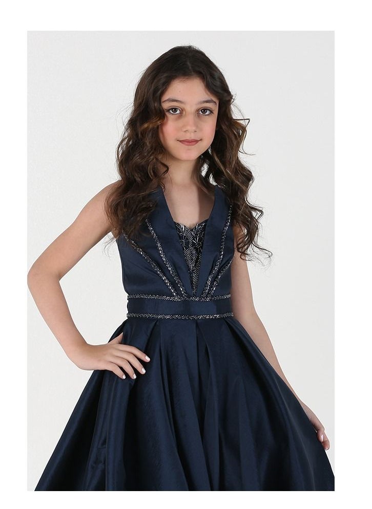 Dentek - Girls' elegant elegant cut dress of taffeta, soft Shanton, ribbon with ribbons in the chest with an elegant belt at the waist from the bottom, a cloche story - Image 1