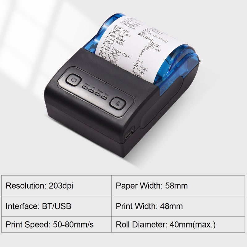 Thermal Receipt Printer: 57mm Paper Width, 203dpi Resolution, 80mm/s Print Speed, BT & USB 2in1 Connection, Rechargeable 1500mAh Battery, Ink-Free Printing - Portable POS Printer for Supermarkets, Res - Image 2