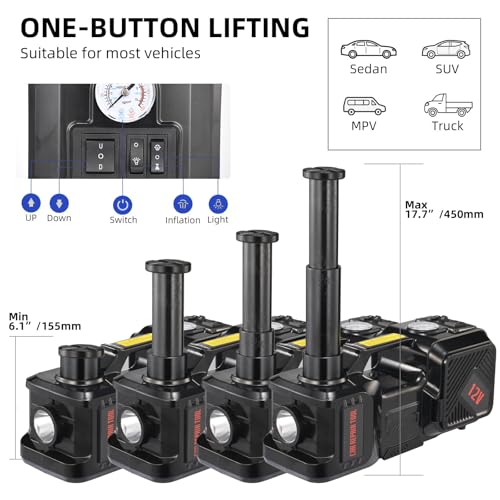 BENYAN Electric Jack BENYAN 5 Ton Car Floor Jack Kit with Inflator Pump | 12V Portable Car Hydraulic Jack with LED Light for SUV MPV Sedan | Lifting Height Range 6 to 17.7 Inch Black - Image 2