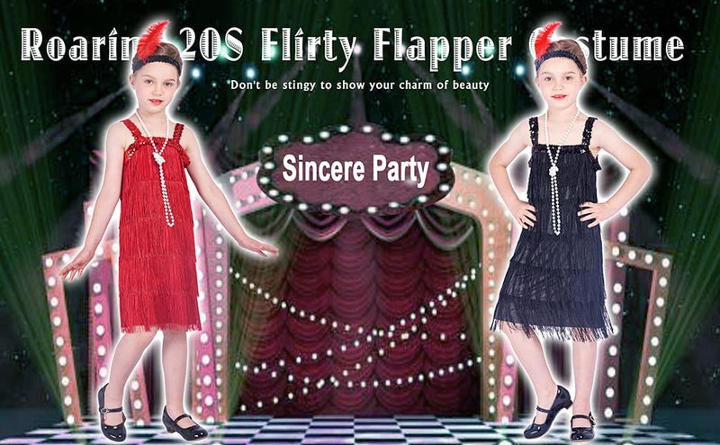 Sincere Party Roaring the 20s Black Flapper Costume Dress with Pearl Necklace,Feather Headband for Girls,Gangster Flapper Dress for Kids 4-6 - Image 5