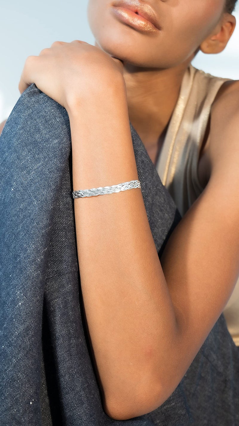 Miabella 925 Sterling Silver Italian 6-Strand Diamond-Cut 7mm Braided Herringbone Chain Bracelet for Women, 925 Italy (Length 6.5 Inches (Extra Small)) - Image 2