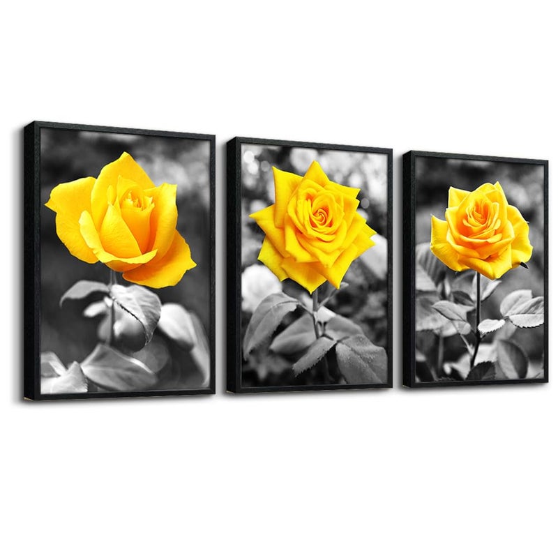 TTHYUEWS Black Framed Wall Art For Bedroom Living Room Wall Decor For Kitchen Office Decor Black And White Artwork Pictures Yellow Rose Flowers Wall Painting Modern Room Home Decor 3 Piece Framed Art Prints - Image 2