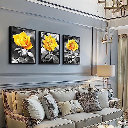 TTHYUEWS Black Framed Wall Art For Bedroom Living Room Wall Decor For Kitchen Office Decor Black And White Artwork Pictures Yellow Rose Flowers Wall Painting Modern Room Home Decor 3 Piece Framed Art Prints - Image 3