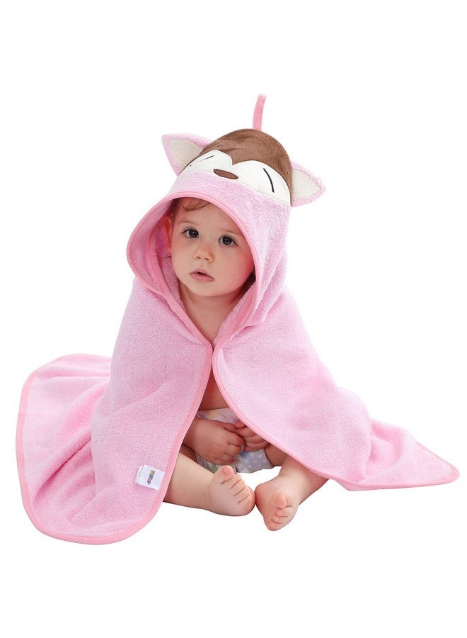 MICHLEY Bamboo Viscose Baby Hooded Bath Towel for Boys and Girls, 29.5 x 29.5 Inch Ultra-Soft and Quick-Drying Infant Bathrobe (Pink Fox) - Image 1