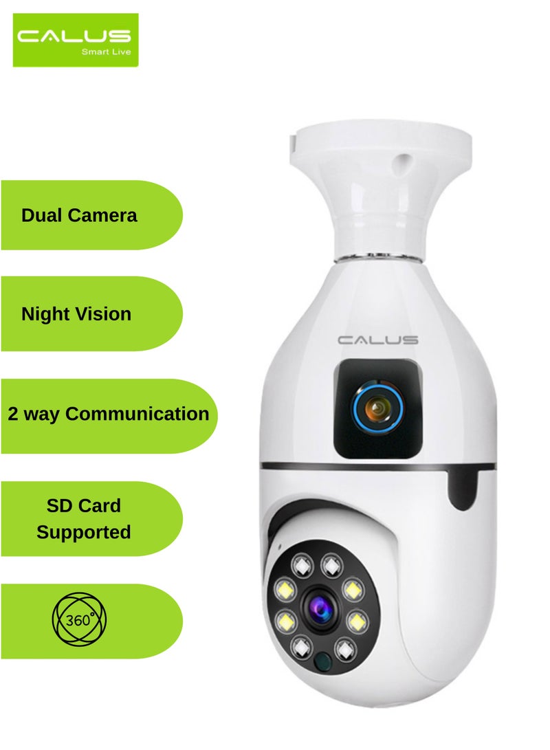 كالوس كاميرا CALUS E27 Max الذكية المزودة بمصباح LED بدقة 2K/1080P - كاميرا مراقبة لاسلكية بزاوية 360 درجة وعدسة مزدوجة، مزودة برؤية ليلية ملونة كاملة، وكشف الحركة، وتتبع تلقائي، وصوت ثنائي الاتجاه، ورؤية بانورامية، سهلة التركيب بقاعدة E27 للمراقبة الداخلية والخارجية. - Image 1