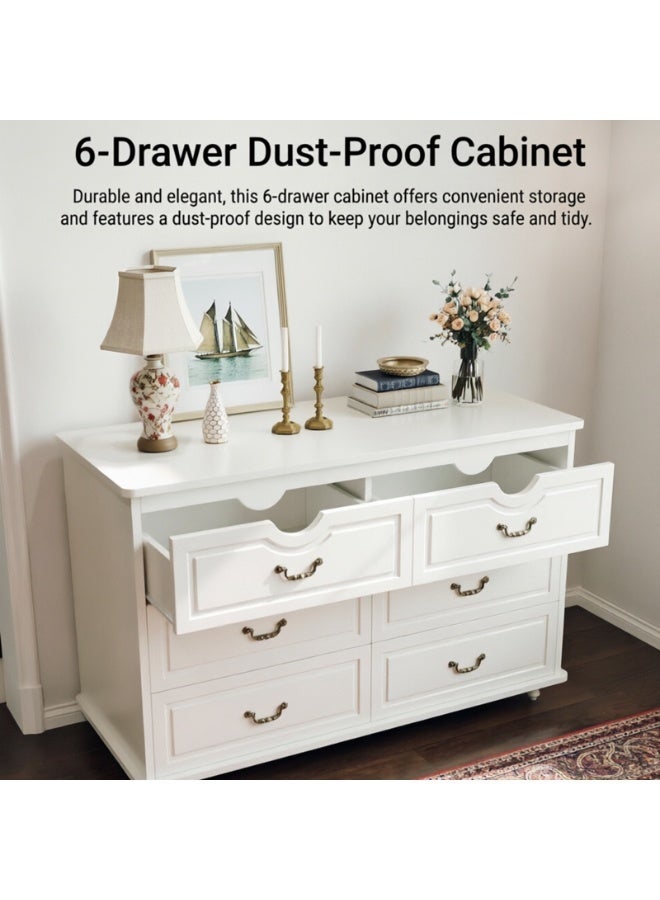 GoldenLike Elegant White 6-Drawer Dresser, Storage Cabinet with Vintage Hardware & Elevated Leg, Multifunctional Side Cabinet for Living Room, Bedroom - Image 3