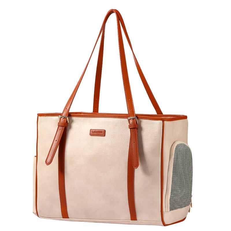 Lasaviin Fashion Dog Purse Pet Carrier Leather Bag for Small Dogs Cats Puppy Portable Tote Bag Airline Approved SoftSided Carriers Beign - Image 2