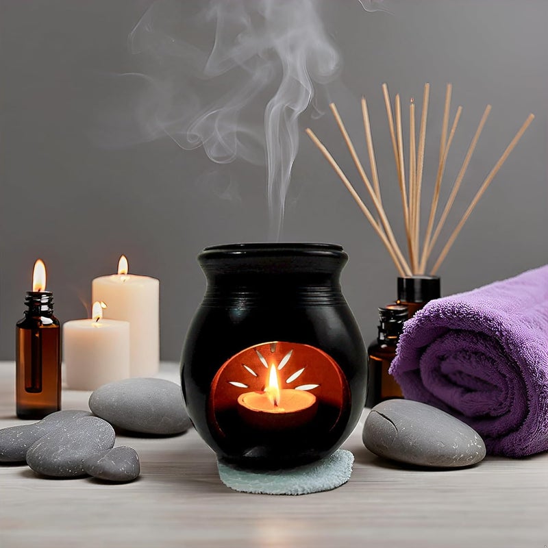 Vastuja Handmade Black Pottery Clay I Candle Diya Operated Aroma Camphor BurnerOil Diffuser ODOP Product I GI Certified I Big Size 1496 cm Ideal for Decoration Spa Temple Use oil diffuser - Image 1